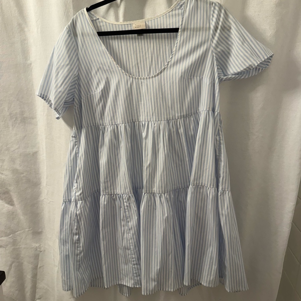 a new day Light Blue and White Striped Tiered Short Sleeve Tunic
